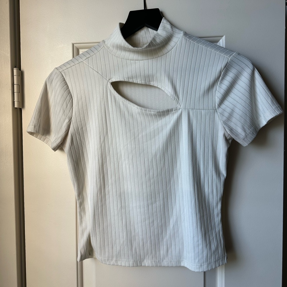Cutout Rib-Knit Short Sleeve Top - White/Cream - Small